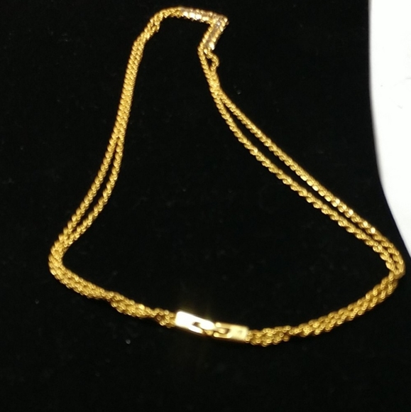 24K Gold-tone Choker Necklace Double Chain with 15  Rhinestones V Shape 16" - Picture 7 of 9